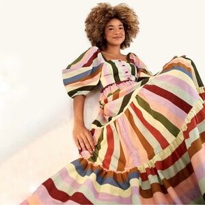 Farm Rio Dress Brazilian Exclusive Rainbow Stripe Midi Boho Medium Cotton
